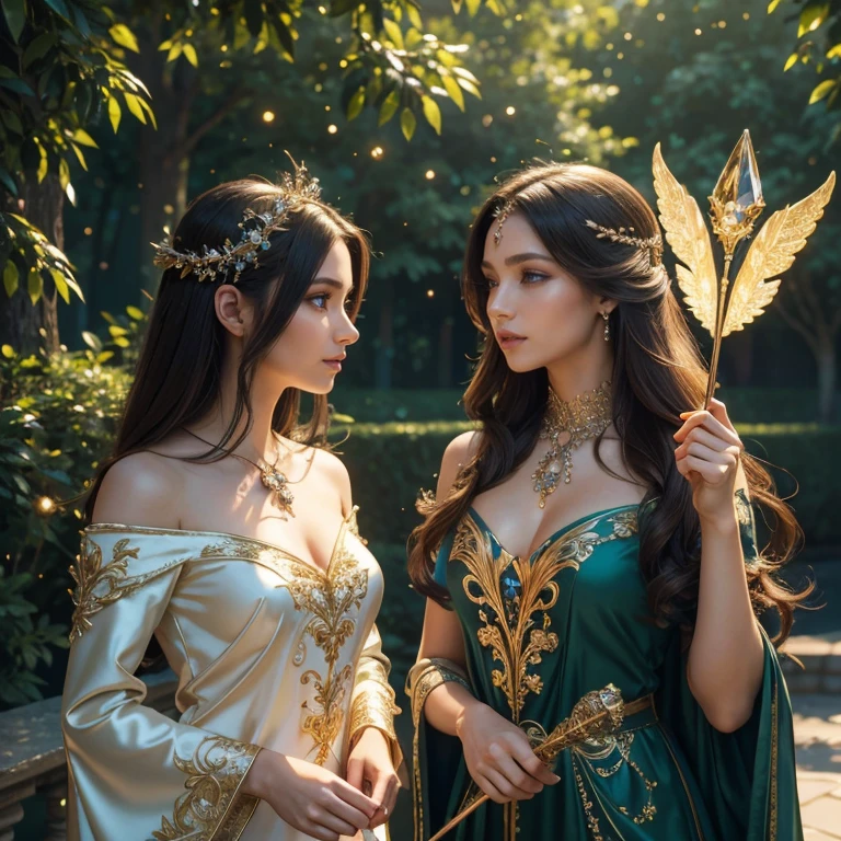 (masterpiece, best quality:1.5), highest quality, High resolution, super detailed, Realists, Upper body photo of a brunette sorceress, detailed and beautiful eyes, beautiful detailed lips, very detailed eyes and face, longeyelashes, shiny satin dress, Holding a magic wand in your hand and performing a transformation spell, Magic wands present and shining, Beautiful and colorful makeup, elegant and noble々The jewelry bag, Gardens as background, soft daylight, bright colors, fine brushstrokes, Portrait style, Silk dress fabric, beautiful color palette, glowing skin, First-class rendering, that captures every detail, enchanting atmosphere, subtle shadows and lights, (perfect anatomy:1.2), (The two breathtaking sorceresses transform birds into jewelry (a transformation with a magic wand:1.4), (magnificent panorama view:1.2)