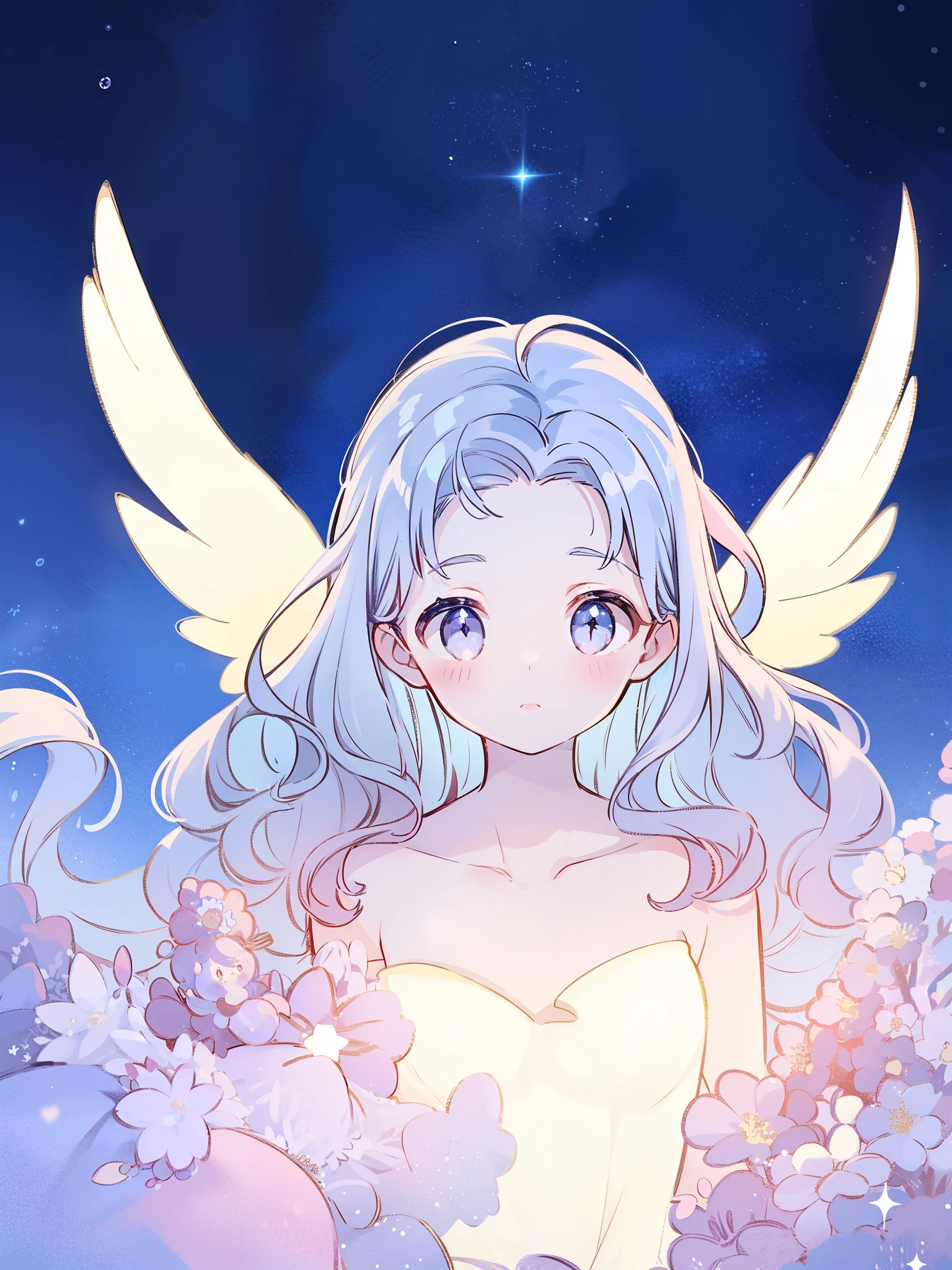 nude angel girl wearing an ethereal translucent dress, pale skin, ((wavy gradient blue purple hair)), white feathers, angel wings, sparkling detailed eyes, golden ratio face, perfect composition, highly detailed, ethereal, (starry night sky background), midjourney style