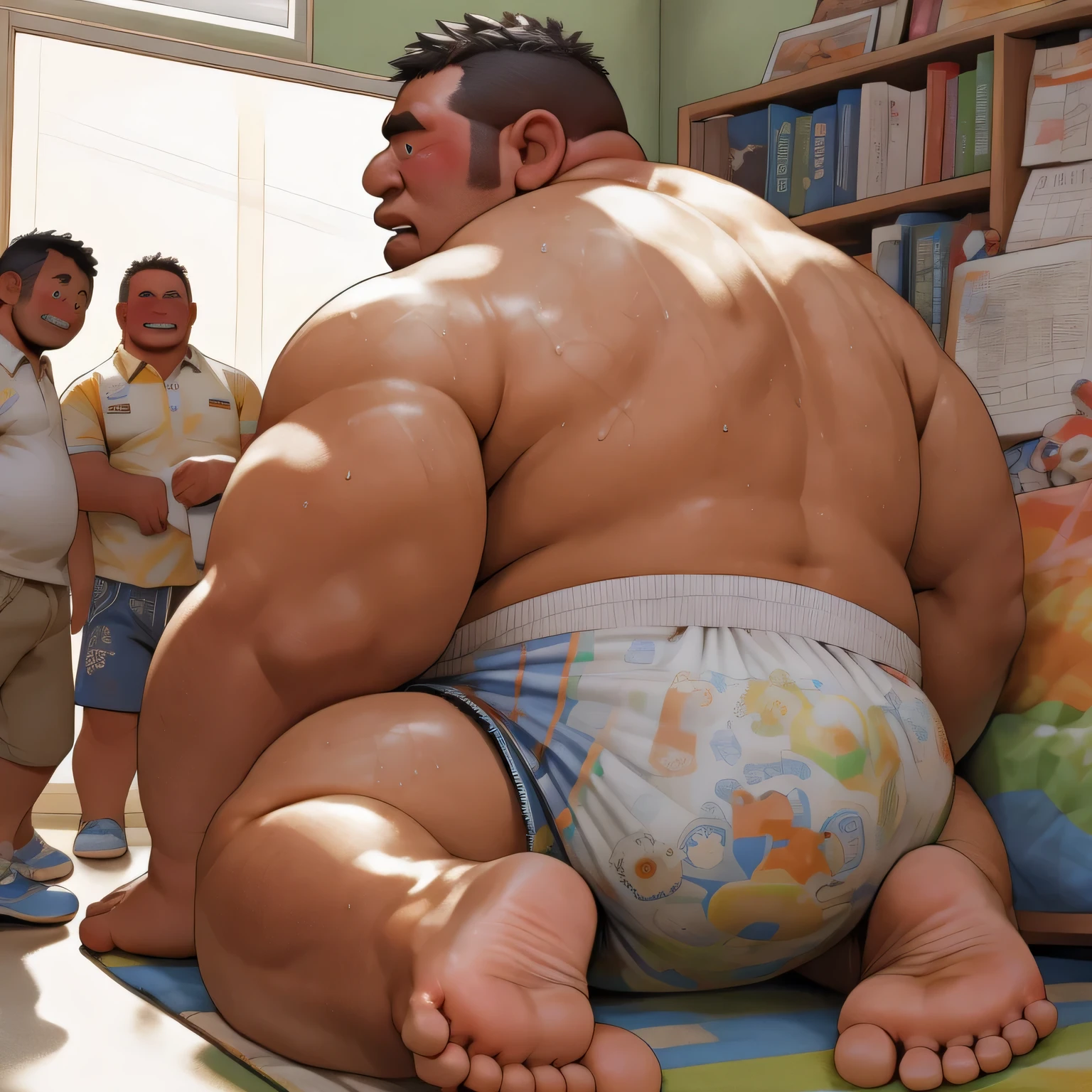 masterpiece, Top quality, in 32K, perfect anatomy, hyper detailed, super fine illustration, The thick man is a brutal retarded prisoner, hairy human, 50yo in Japan, (fatness: 1.0), Fatty muscle, Bowleg, disappointment, incontinent, shy, sissy, Weaker than children, Drool, Round face, be diaper check by children, waddle, There is a small puddle under him, incontinent, Bowleg, spread legs, wear a White cloth Diaper, Bare belly, Bare legs, Bare foots, Bare soles, Shirtless, wide forehead and short thinning hair, Man with round face with stubble, Bare foots, Bare soles, He enters nursery school and is despised by children, He surrounded by children, His bottom is wet, Bare foots, big butt, he is scolded by the children, White Diaper, He surrounded by children, sobbing, wear a White cloth Diaper, shirtless, There is a small puddle under him, He enters nursery school and is despised by children, big butt, sobbing, He crawling to go to children, on all fours, side view