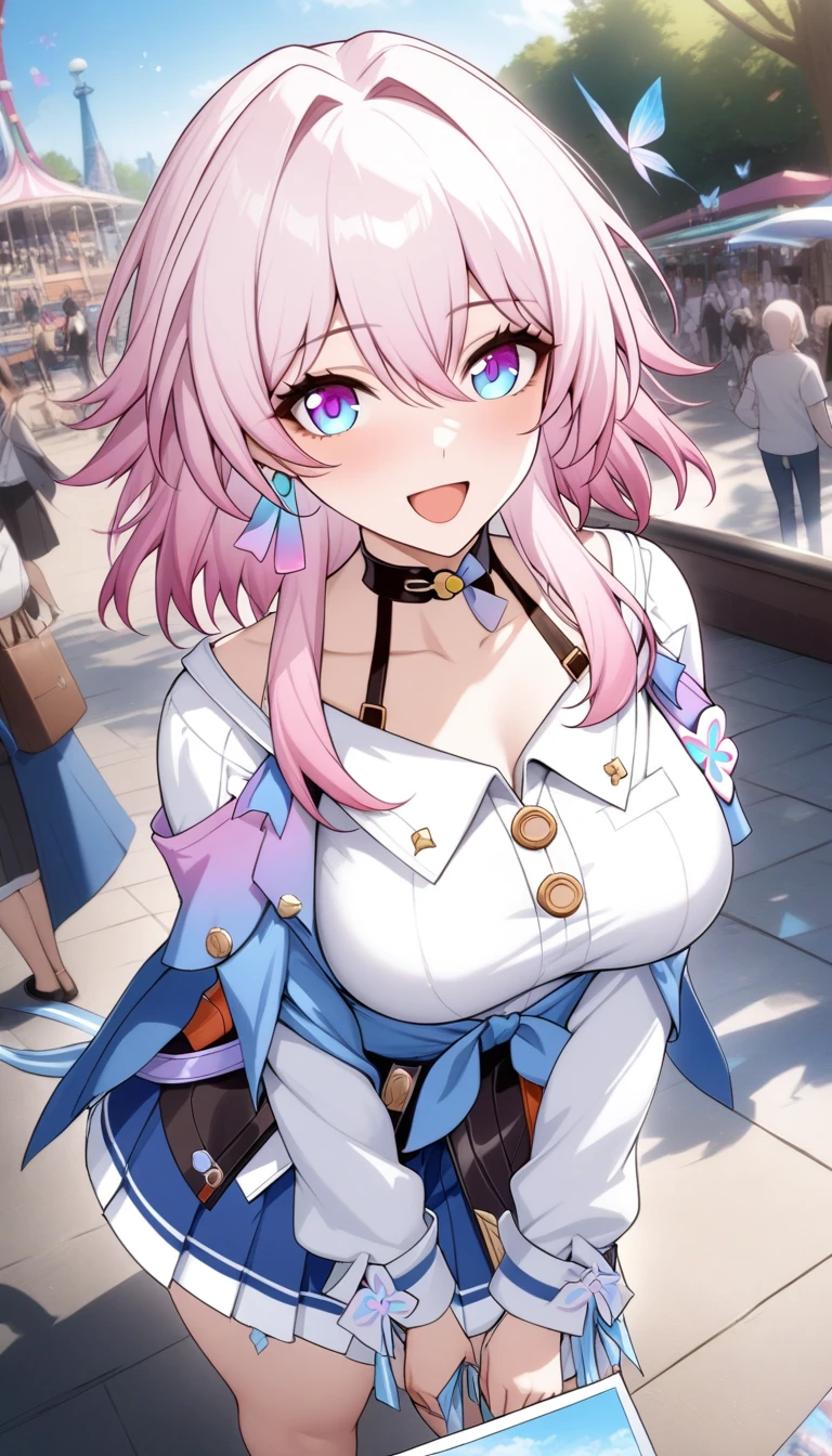 masterpiece, best quality, very aesthetic, absurdres, 1girl, mature_lady,,photo, real, 1girl, march 7th \(honkai: star rail\), honkai: star rail, pink hair, shirt, jacket, medium hair, white shirt, blue eyes, long sleeves, breasts, choker, black choker,in an amusement_park,luminous butterflies, fluttering butterflies,from above