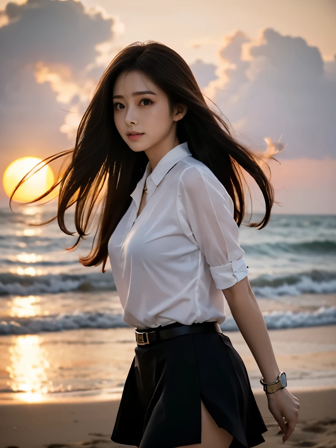 A woman walking on the beach at dusk with the setting sun behind her、Depth of the bounds written、Soft orange light illuminating a woman、((thick body))、skin texture、The person is transparent、long hair、nostalgic atmosphere、troubled look、one woman standing、light makeup、clear picture、attractive woman、flowing silhouette、A woman wearing a blouse and a dark-colored tight skirt、symmetrical blouse、Tight Skirt、Thin belt、Elegant materials and design、one small earring in each ear、one small bracelet、sophisticated style、hair swaying in the wind