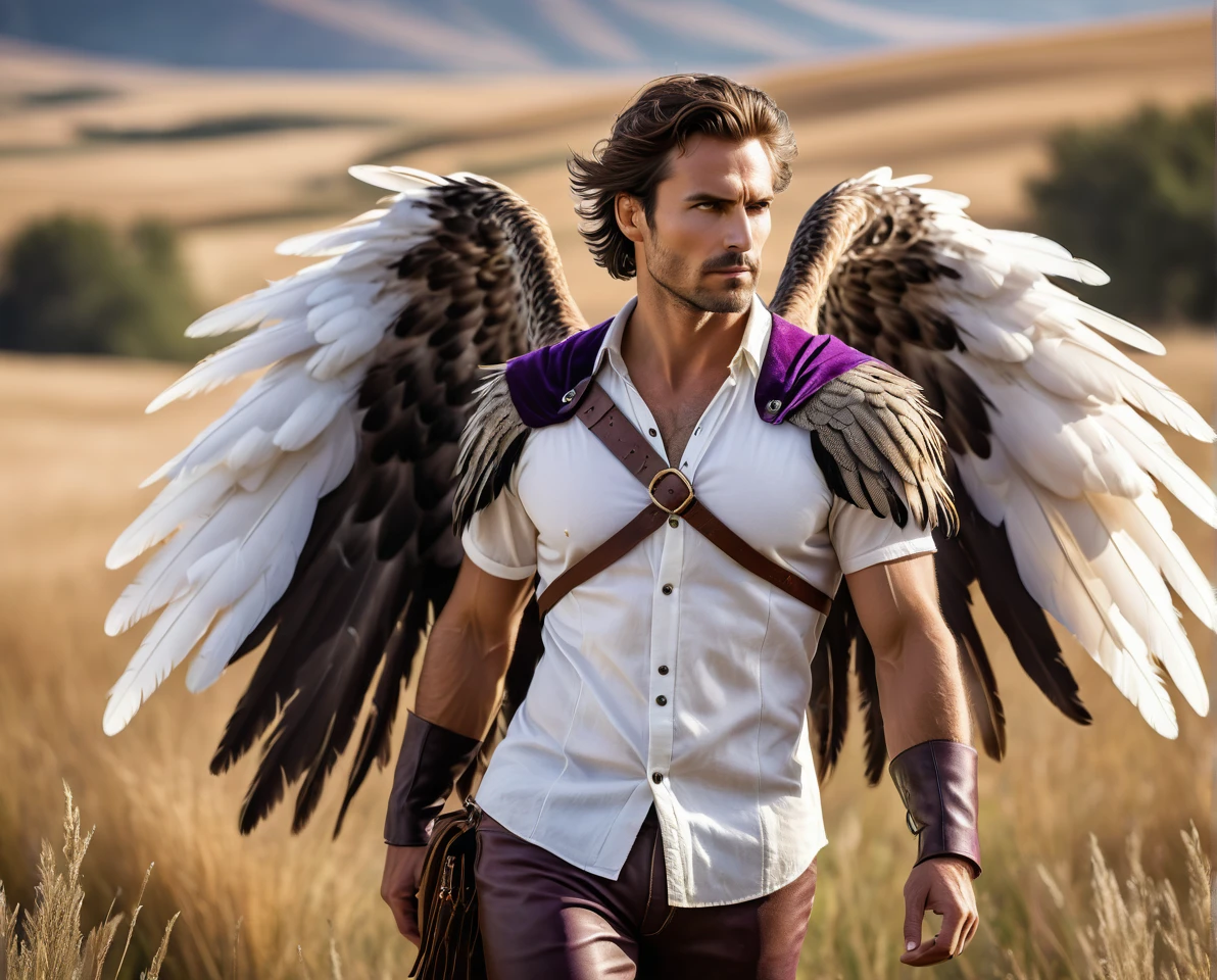 ((solo, three-quarters perspective, masterpiece, chest level shot, standing, (anthro), facing viewer, stoic expression, high resolution, 4K)), male, adult, ((hawk-face, detailed feathers, fully feathered body, extremely detailed, slender build, three-tone feathers, large feathered wings, black and brown and white feathered body)), gold eyes, high contrast, dynamic composition, grassland background, daylight, wispy clouds, ((leather satchel, white medieval shirt, short purple cape))