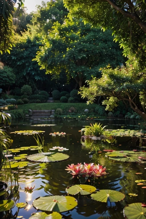 A lush, verdant garden, flowering trees, intricate details, birds in flight, serene pond with lily pads, warm golden hour lighting, photorealistic, cinematic composition, vibrant colors, masterpiece