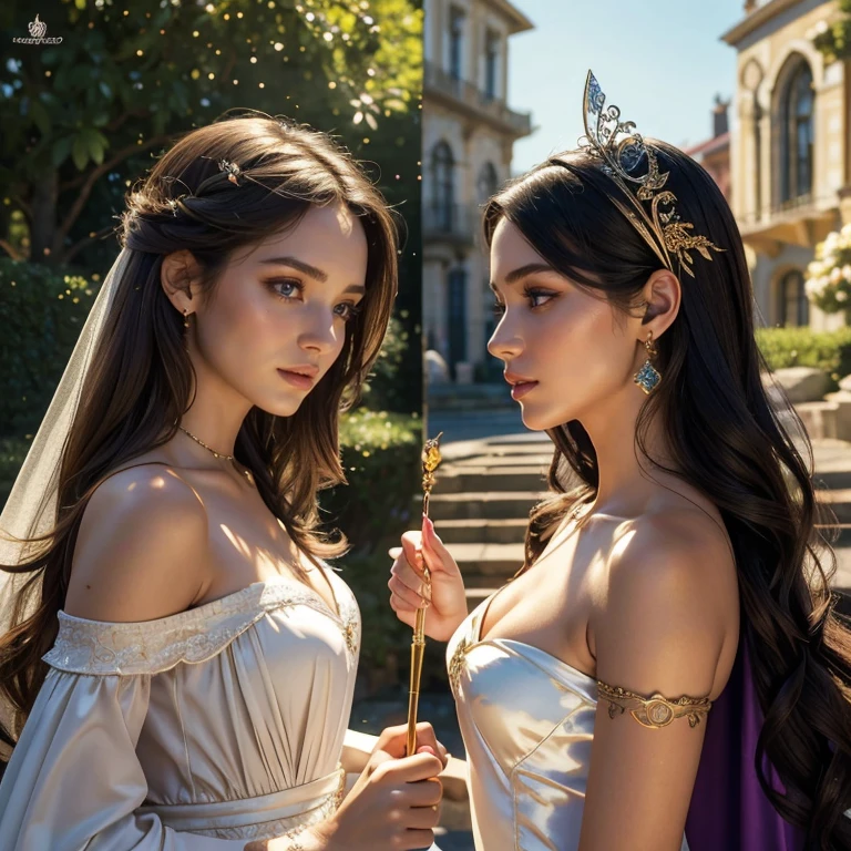 (masterpiece, best quality:1.5), highest quality, High resolution, super detailed, Realists, Upper body photo of a brunette sorceress, detailed and beautiful eyes, beautiful detailed lips, very detailed eyes and face, longeyelashes, shiny satin dress, Holding a magic wand in your hand and performing a transformation spell, Magic wands present and shining, Beautiful and colorful makeup, elegant and noble々The jewelry bag, Gardens as background, soft daylight, bright colors, fine brushstrokes, Portrait style, Silk dress fabric, beautiful color palette, glowing skin, First-class rendering, that captures every detail, enchanting atmosphere, subtle shadows and lights, (perfect anatomy:1.2), (The two stunning sorceresses transform cats into jewelry (a transformation with a magic wand:1.4), (magnificent panorama view:1.2)
