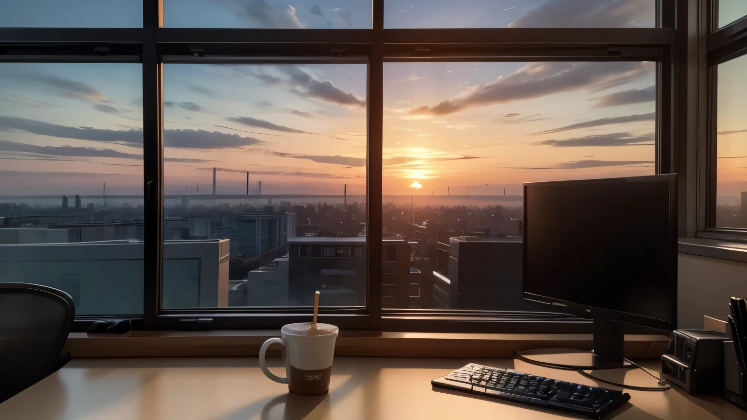 a cup of hot coffee on the right side of the screen on an office desk. the sunset can be seen through the windows and the colors of the sky are vibrant