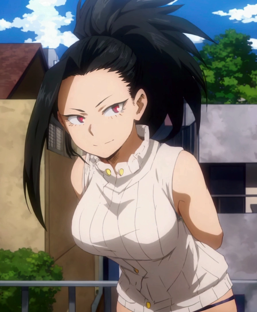 anime girl with black hair and wearing a bikini standing on the balcony, female anime character, boku no hero academia , Momo Yaoyorozu , eat and drink, garota de anime chamada Momo Yaoyorozu , ( ( (boku no hero academia ) ) ), Momo Yaoyorozu com cabelo preto, anime character, anime look of a beautiful girl, as an anime character, boku no hero academia