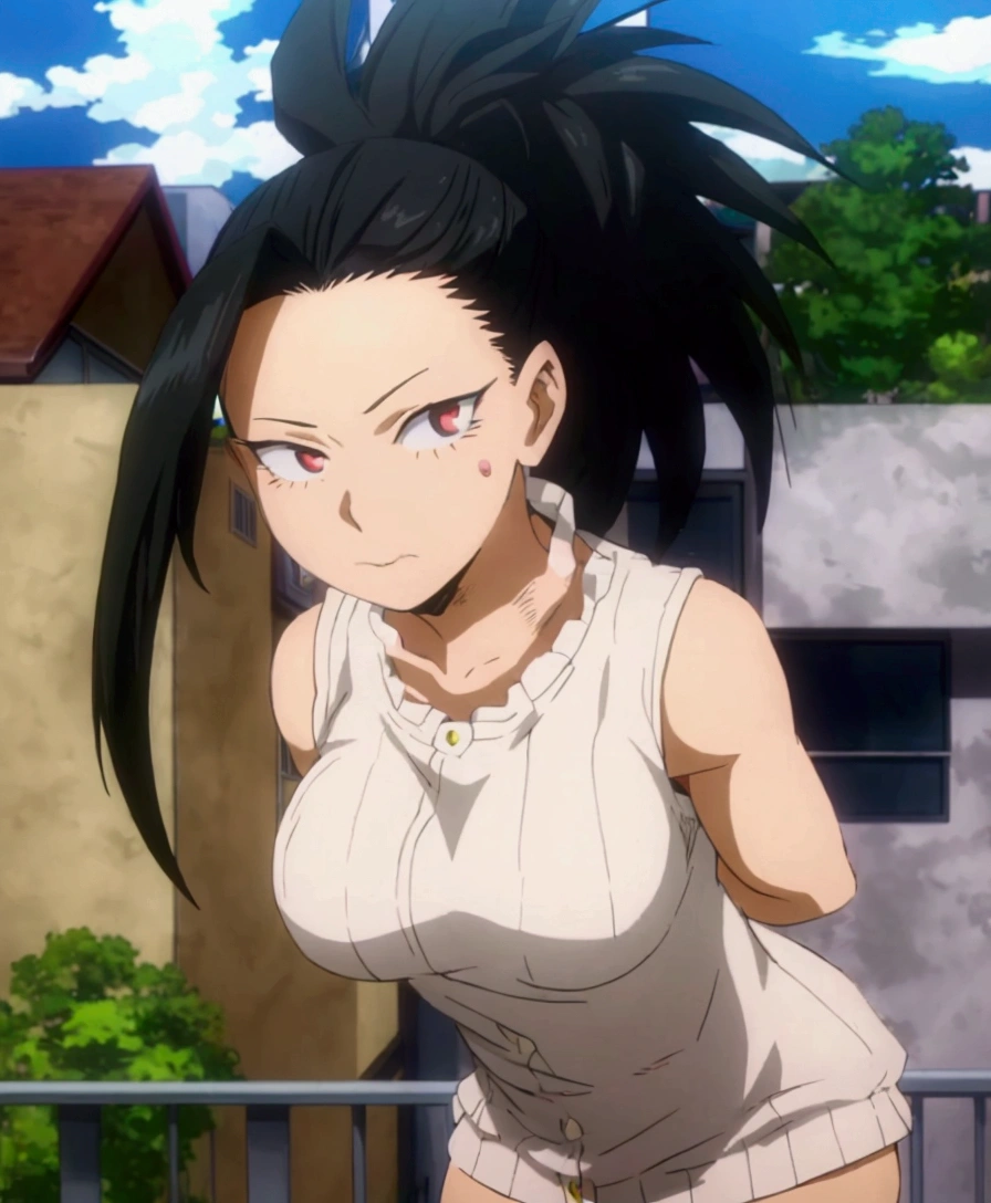 anime girl with black hair and wearing a bikini standing on the balcony, female anime character, boku no hero academia , Momo Yaoyorozu , eat and drink, garota de anime chamada Momo Yaoyorozu , ( ( (boku no hero academia ) ) ), Momo Yaoyorozu com cabelo preto, anime character, anime look of a beautiful girl, as an anime character, boku no hero academia