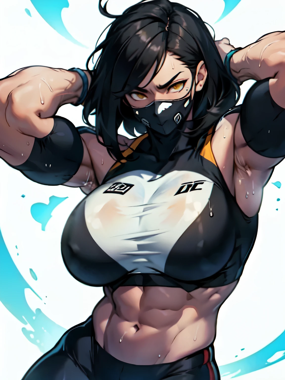 sweaty girl empty eyes messy hair massive hair black hair yellow eyes giant muscles massive breasts pale skin