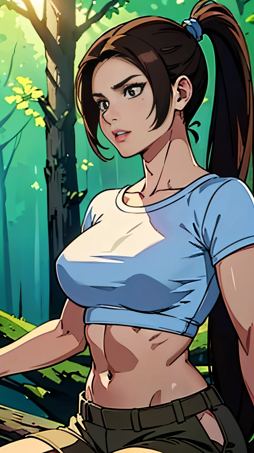 photo of mlp Meowko, RAW, beautiful woman, ((portrait)), ((detailed face:1.2)), ((anime, face, anime facial feature, clear skin, glossy lips, shiny luscious lips, clear skin), (very long brown ponytail, light brown ponytail, brunette: 1.55), (perfect proportioned body, Strong, muscular, narrow waist, narrow hips, skinny, large breasts), (wearing tight cropped t-shirt, cargo pants), (sitting on a log in the forest), (realistic photo, best quality, detailed), (8k wallpaper), (cinematic lighting, beautiful light, (noon:1.3)) (sharp focus, intricate)