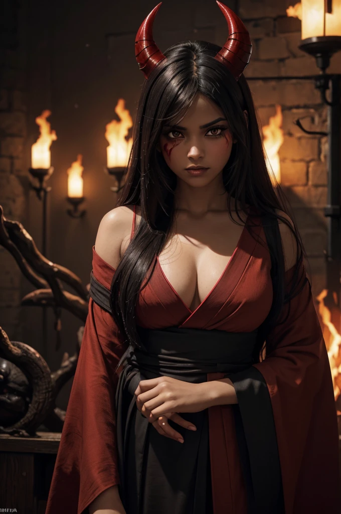 I want a BROWN woman with eyes covered in a demonic red aura, I want her to have a serious expression and extremely dark and firm eyes, and an extremely strong red demonic aura that surrounds his entire being, this woman has two horns that are embedded in red flames and will have long black hair, and wore a black kimono with blood red butterflies, appear to be at least 24 years old. captured in an ultra-realistic full HD 4K portrait, detailed texture showing its menacing shape, Immersive atmosphere, high definition shadow play, digitalpainting, nevoa no environment. I want a different monster from each other and make the image darker, obscure, creating a dark and dimly lit horror atmosphere!
