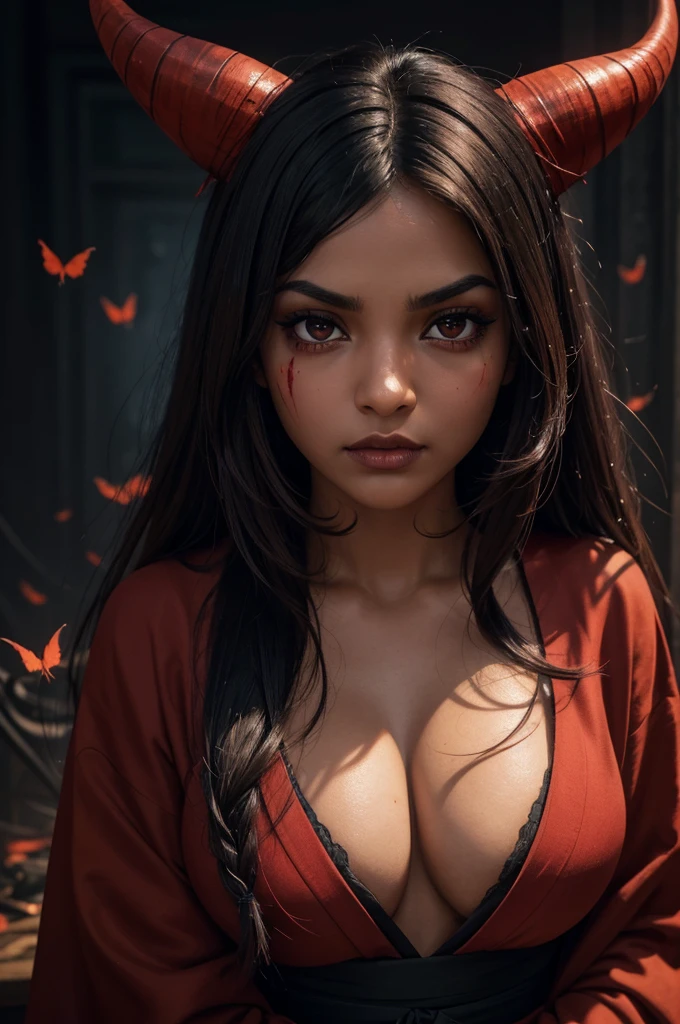I want a BROWN woman with eyes covered in a demonic red aura, I want her to have a serious expression and extremely dark and firm eyes, and an extremely strong red demonic aura that surrounds his entire being, this woman has two horns that are embedded in red flames and will have long black hair, and wore a black kimono with blood red erflies, appear to be at least 24 years old. captured in an ultra-realistic full HD 4K portrait, detailed texture showing its menacing shape, Immersive atmosphere, high definition shadow play, digitalpainting, nevoa no environment. I want a different monster from each other and make the image darker, obscure, creating a dark and dimly lit horror atmosphere!
