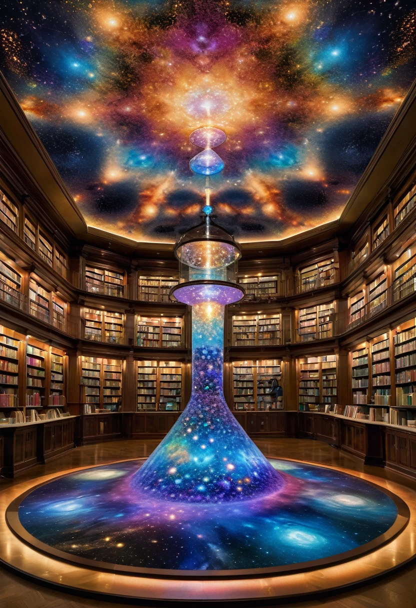 Within the library, a kaleidoscope of beakers radiates a captivating luminescence, illuminating intricate molecular formations. Enchanting concoctions bubble with transformation, fostering anticipation. The backdrop reveals a tapestry of galaxies, symbolizing chemistry's boundless potential in shaping our world. This scene evokes awe and curiosity, depicting chemistry's profound influence on all facets of existence.