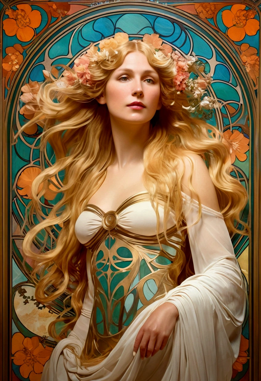 European woman portrait, Waist, long hair, Blonde, Oil painting feeling, Sense of line, Model momentum, Flower frame, decorative panel, abstraction, directed by: Alphonse Mucha (Main part, extremely high quality, High resolution: 1.4), detailed, intricate details, 4K, splash of color, Fibonacci, Wear underwear,