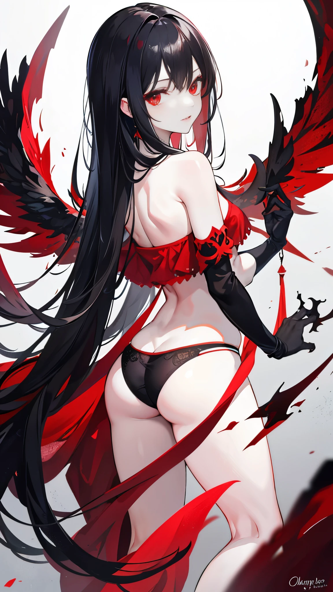 Dark style, black hair, white skin, red eyes, long hair, bangs，underwear，back