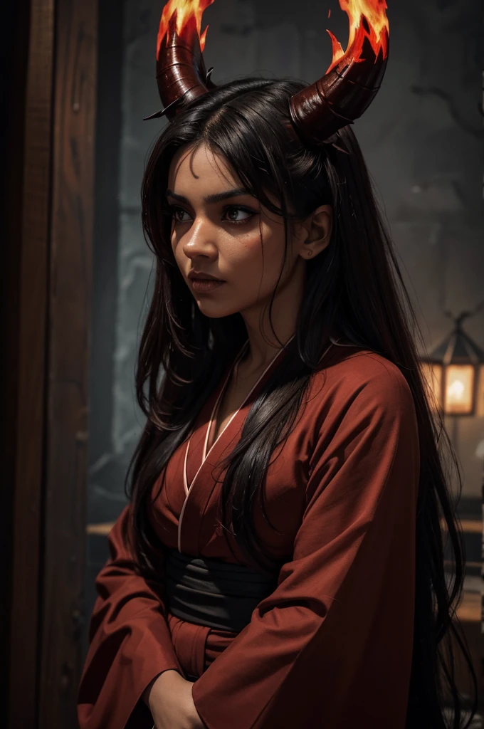 I want a BROWN woman with eyes covered in a demonic red aura, I want her to have a serious expression and extremely dark and firm eyes, and an extremely strong red demonic aura that surrounds his entire being, this woman has two horns that are embedded in red flames and will have long black hair, and wore a black kimono with blood red butterflies, appear to be at least 24 years old. captured in an ultra-realistic full HD 4K portrait, detailed texture showing its menacing shape, Immersive atmosphere, high definition shadow play, digitalpainting, nevoa no environment. I want a different monster from each other and make the image darker, obscure, creating a dark and dimly lit horror atmosphere!