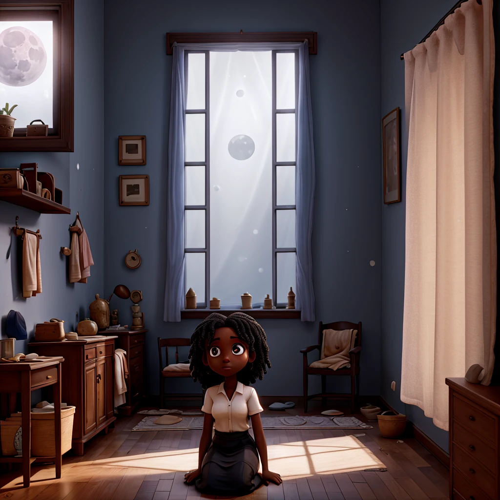 

Description:clear, a black woman hiding behind the curtain, watching his father being taken away by the police. In a simple house with old furniture. the moonlight comes through the window, partially lighting the room. The window offers a partial view of the street.

