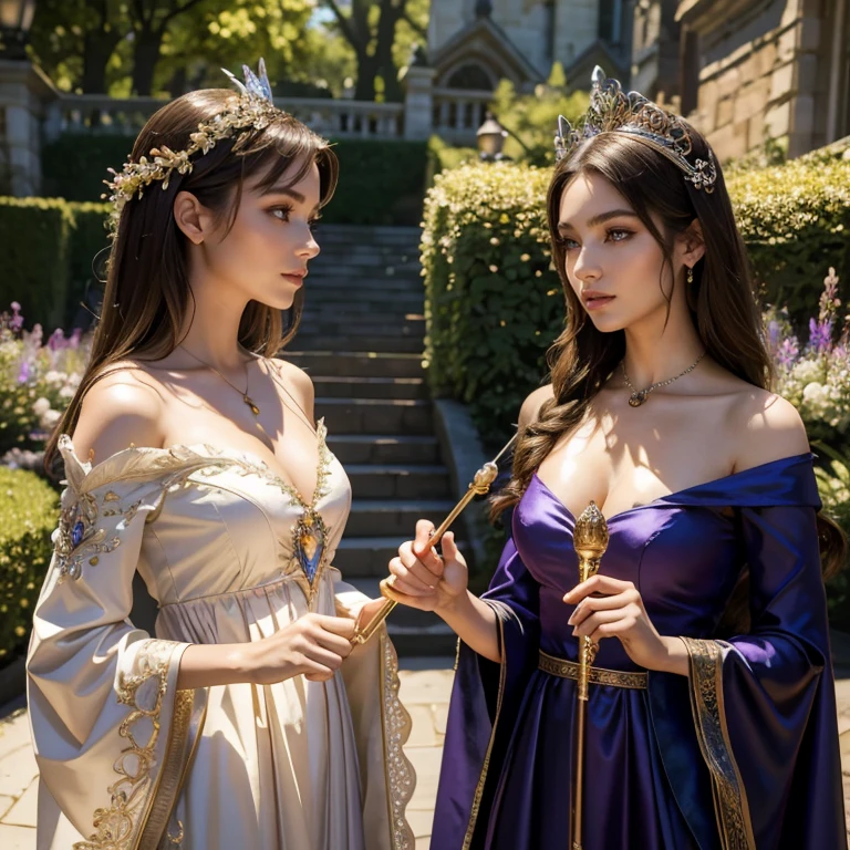 (masterpiece, best quality:1.5), highest quality, High resolution, super detailed, Realists, Upper body photo of a brunette sorceress, detailed and beautiful eyes, beautiful detailed lips, very detailed eyes and face, longeyelashes, shiny satin dress, Holding a magic wand in your hand and performing a transformation spell, Magic wands present and shining, Beautiful and colorful makeup, elegant and noble々The jewelry bag, Gardens as background, soft daylight, bright colors, fine brushstrokes, Portrait style, Silk dress fabric, beautiful color palette, glowing skin, First-class rendering, that captures every detail, enchanting atmosphere, subtle shadows and lights, (perfect anatomy:1.2), (The two stunning sorceresses transform cats into jewelry (a transformation with a magic wand:1.4), (magnificent panorama view:1.2)