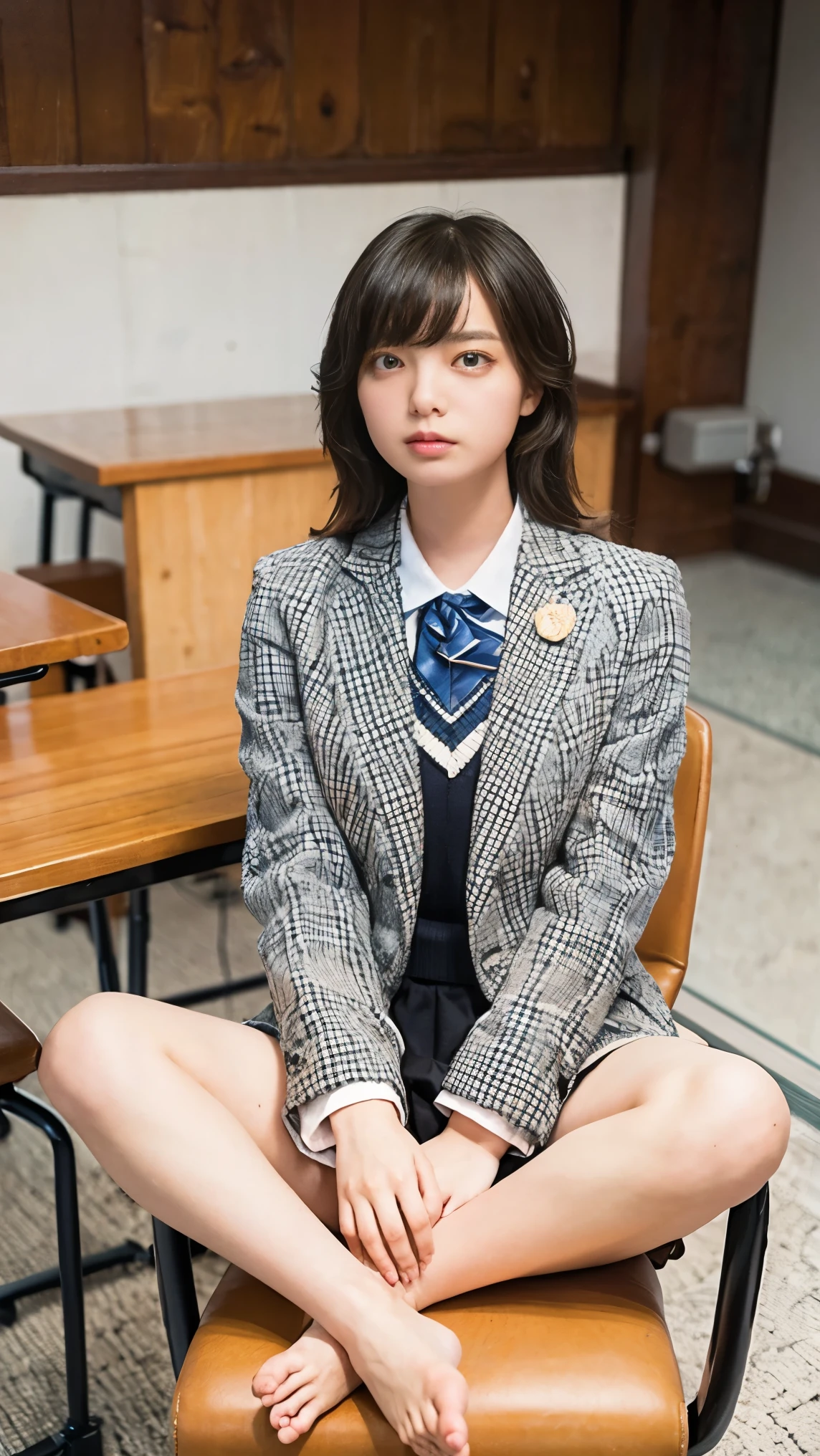 Highest quality,Very detailed,masterpiece,Realistic,Photorealistic,School,blazer,uniform,She boldly rolled up her skirt.,((Sit on a chair,Spread your legs,barefoot)), 膝を曲げてSpread your legs, Grab your knees with both hands、Spread your legs:1.5,