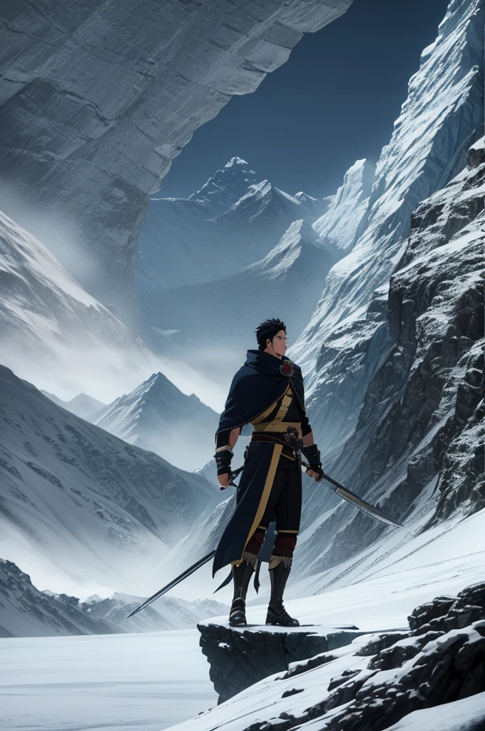 ''A muscular swordsman with a massive greatsword stands alone in a desolate, frozen wasteland. He has a rugged, battle-hardened face with a scar running across one eye. His black armor is adorned with spikes and skulls, giving him a fierce, intimidating appearance. The swordsman's cape billows in the icy wind as he stares off into the distance, where dark clouds gather over jagged, snow-capped mountains. Blowing snow obscures the horizon, creating an atmosphere of isolation and danger. Despite the harsh environment, the swordsman's grip on his sword is steady, hinting at his strength and determination to face whatever challenges lie ahead in this frozen land." beautiful hands, beautiful eyes, beautiful sword