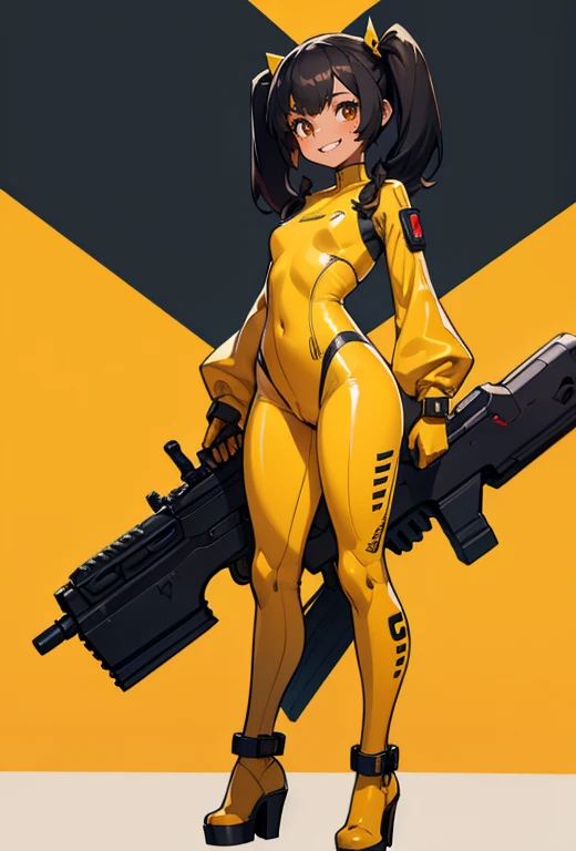 Young girl, Pullover, yellow bodysuit, fullsuit , whole body to see, smile showing teeth, pigtails hair , wide hips, big thighs, skinny girl, flat chest, fullbody, platform heels, tanned , brown skin, small breast, gun, soldier girl , standing, front pose, black hair , Cyberpunk