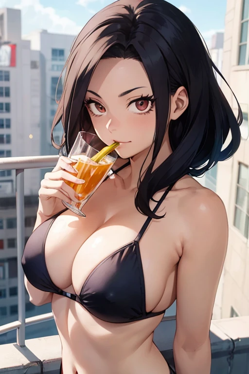 anime girl with black hair and wearing a bikini standing on the balcony, female anime character, boku no hero academia , Momo Yaoyorozu , eat and drink, garota de anime chamada Momo Yaoyorozu , ( ( (boku no hero academia ) ) ), Momo Yaoyorozu com cabelo preto, anime character, anime look of a beautiful girl, as an anime character, boku no hero academia