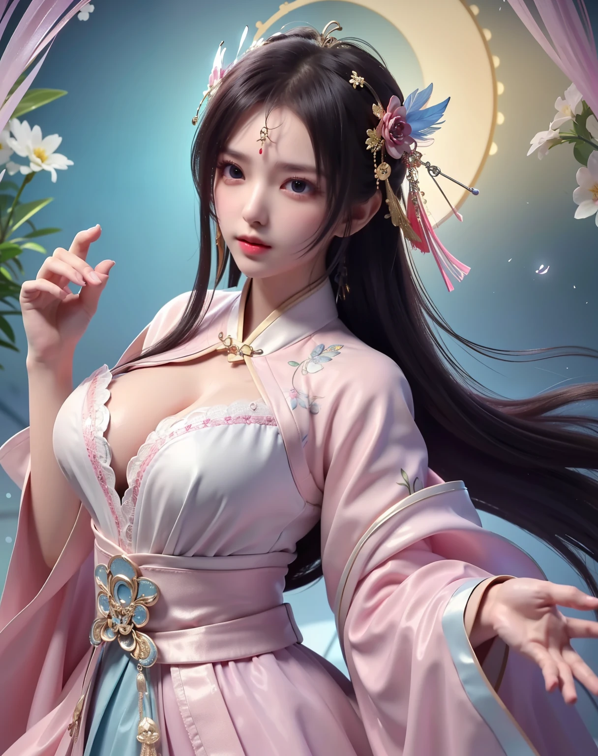 (8k, RAW photo:1.2), best quality, ultra high res,dramatic angle,(fluttered detailed color splashs), (illustration),(((1 girl))),(long hair),(rain:0.9), (Headdress:1.4),There is an ancient palace beside the girl,Hanfu,(Key Points),Color ink painting,(Splash of Color),Splash of Color,(((colorful))),(sketch:0.8) , Masterpiece, best quality, beautiful painted, highly detailed,(denoising:0.6),[splash ink],((ink refraction)), (beautiful detailed sky),moon,highly,detaild,(masterpiece, best quality, extremely detailed） CG Unity 8k Wallpaper，masterpiece，best quality，Ultra Detailed），（Lycoris）. hanfu open v open V-chested clothes Thin silk lace dress , (huge ，cleavage),, white pinkand gren，best qualtiy，tmasterpiece，Ultra-high resolution，（Reality：1.4），RAW photogr，（True skin texture：1.3），（filmgrain：1.3），（Selfie angle），1个Giant Breast Girl，Beautiful eye and face details，tmasterpiece，Best quality at best，，The chest more exposed， detailed hair, bra pink , detail 8k, upper body, lace petticoat