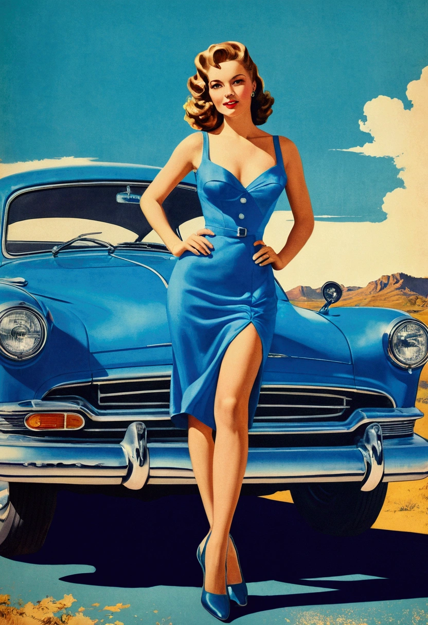 a woman in a blue dress standing next to a blue car, Poster art, girl Poster, Poster, Poster, Poster, Poster poster girl, Poster girl, Poster girl, Poster, Poster girl, vintage Poster, Poster model, beautiful retro art, Poster style, retro Poster model, Poster style poster