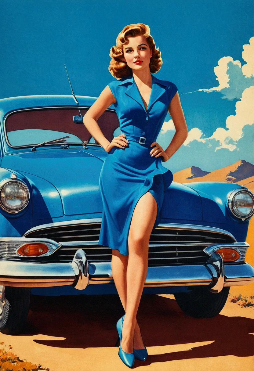 a woman in a blue dress standing next to a blue car, Poster art, girl Poster, Poster, Poster, Poster, Poster poster girl, Poster girl, Poster girl, Poster, Poster girl, vintage Poster, Poster model, beautiful retro art, Poster style, retro Poster model, Poster style poster