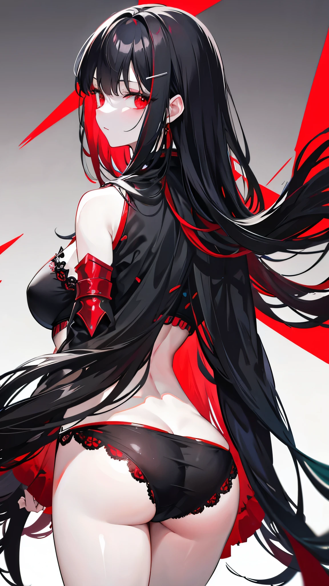 Dark style, black hair, white skin, red eyes, long hair, bangs,underwear,back