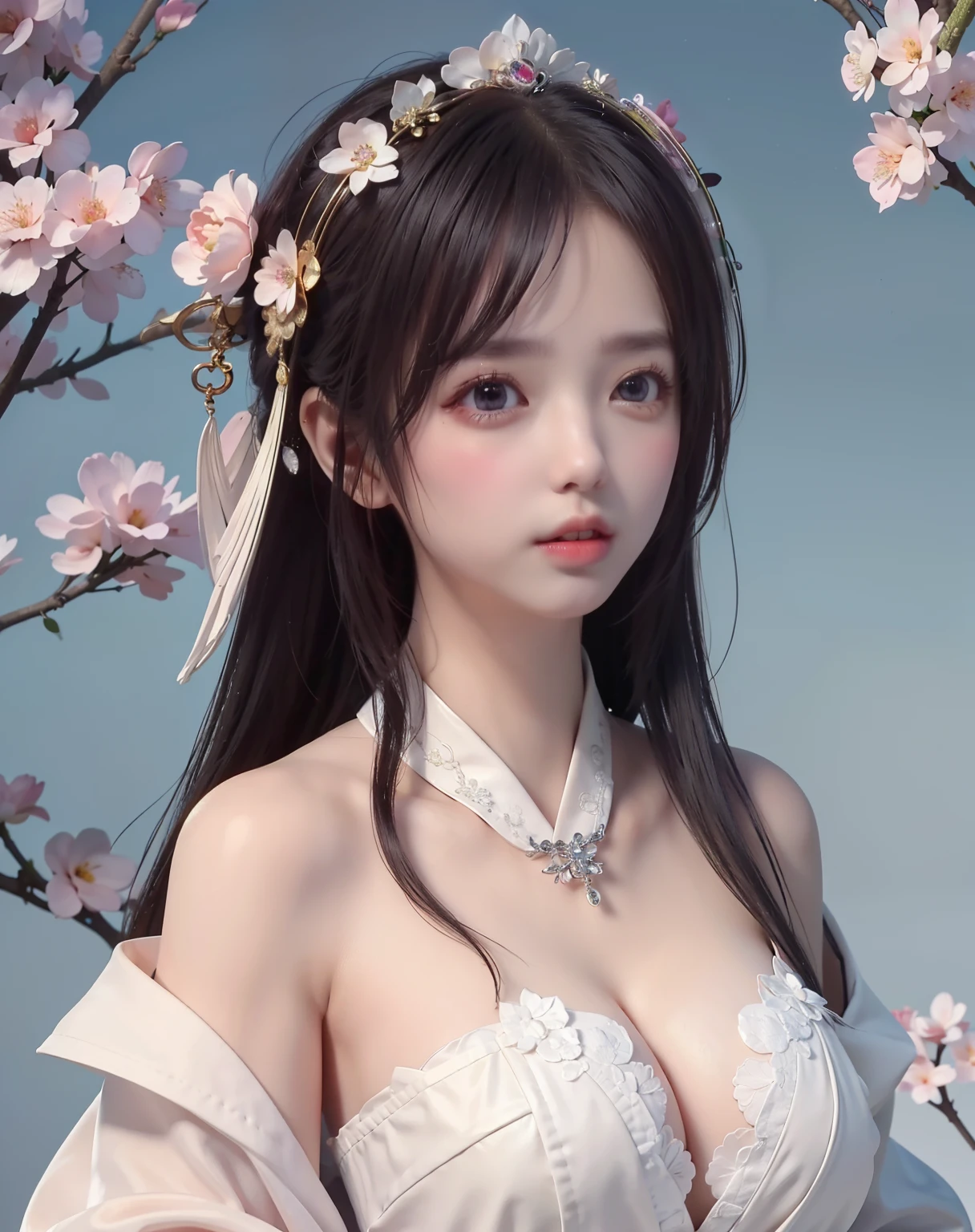 (8k, RAW photo:1.2), best quality, ultra high res,dramatic angle,(fluttered detailed color splashs), (illustration),(((1 girl))),(long hair),(rain:0.9), (Headdress:1.4),There is an ancient palace beside the girl,Hanfu,(Key Points),Color ink painting,(Splash of Color),Splash of Color,(((colorful))),(sketch:0.8) , Masterpiece, best quality, beautiful painted, highly detailed,(denoising:0.6),[splash ink],((ink refraction)), (beautiful detailed sky),moon,highly,detaild,(masterpiece, best quality, extremely detailed） CG Unity 8k Wallpaper，masterpiece，best quality，Ultra Detailed），（Lycoris）. hanfu open v open V-chested clothes Thin silk lace dress , (huge ，cleavage),, white pinkand gren，best qualtiy，tmasterpiece，Ultra-high resolution，（Reality：1.4），RAW photogr，（True skin texture：1.3），（filmgrain：1.3），（Selfie angle），1个Giant Breast Girl，Beautiful eye and face details，tmasterpiece，Best quality at best，，The chest more exposed， detailed hair, bra pink , detail 8k, upper body, lace petticoat