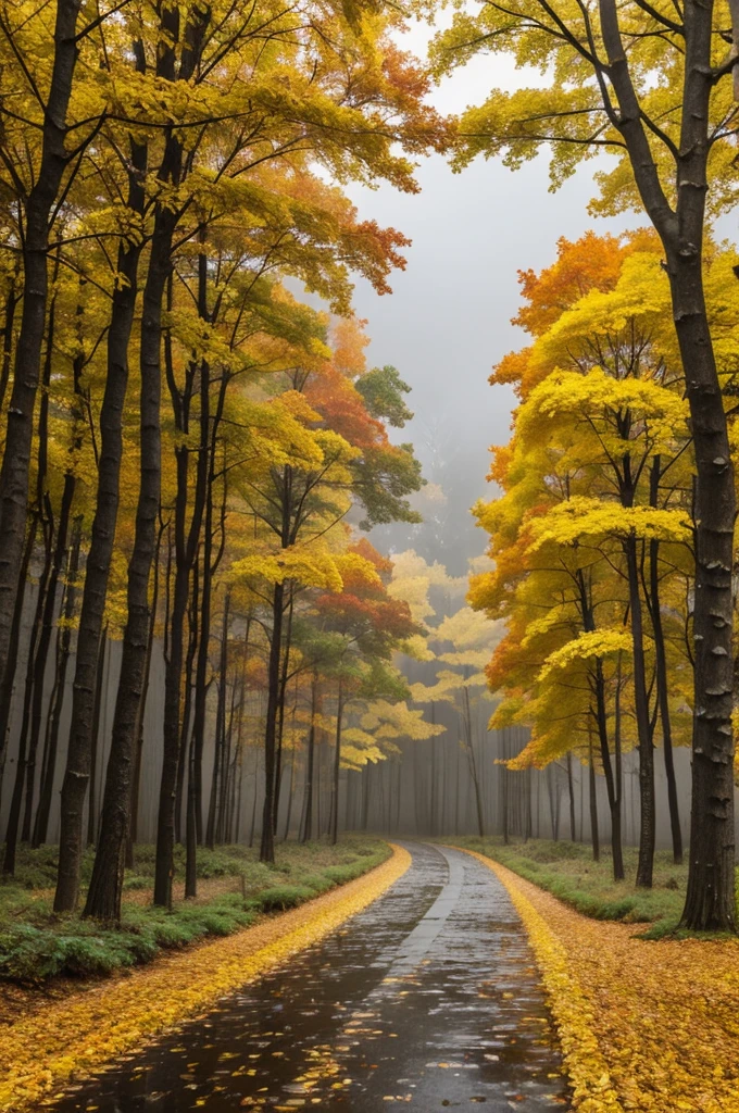 a beautiful autumn forest, yellow and orange leaves, grey sky, thunder and rain