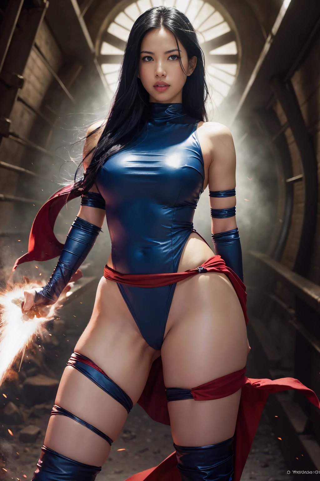 Art image of Olivia Munn as Psylocke, busty, beautiful, dark blue costume with red sash at her waist black hair, large breasts, by Louis Royo, Boris Vallejo, J. Scott Campbell, extreme focus, sharp details, sexy, oily skin, show feet, full body