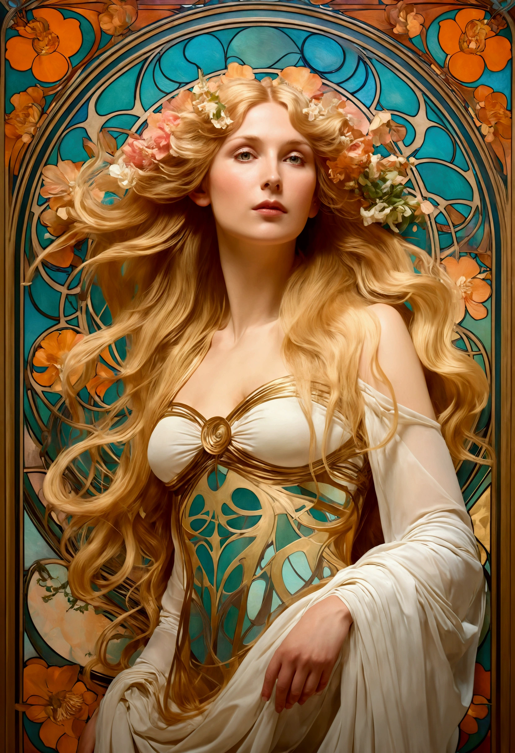 European woman portrait, Waist, Long flowing hair, Blonde, Oil painting feeling, Model imposing flower frame, decorative panel, abstraction, directed by: Alphonse Mucha (Main part, extremely high quality, High resolution: 1.4), detailed, intricate details, 4K, splash of color, Line art, Fibonacci, Wear underwear,