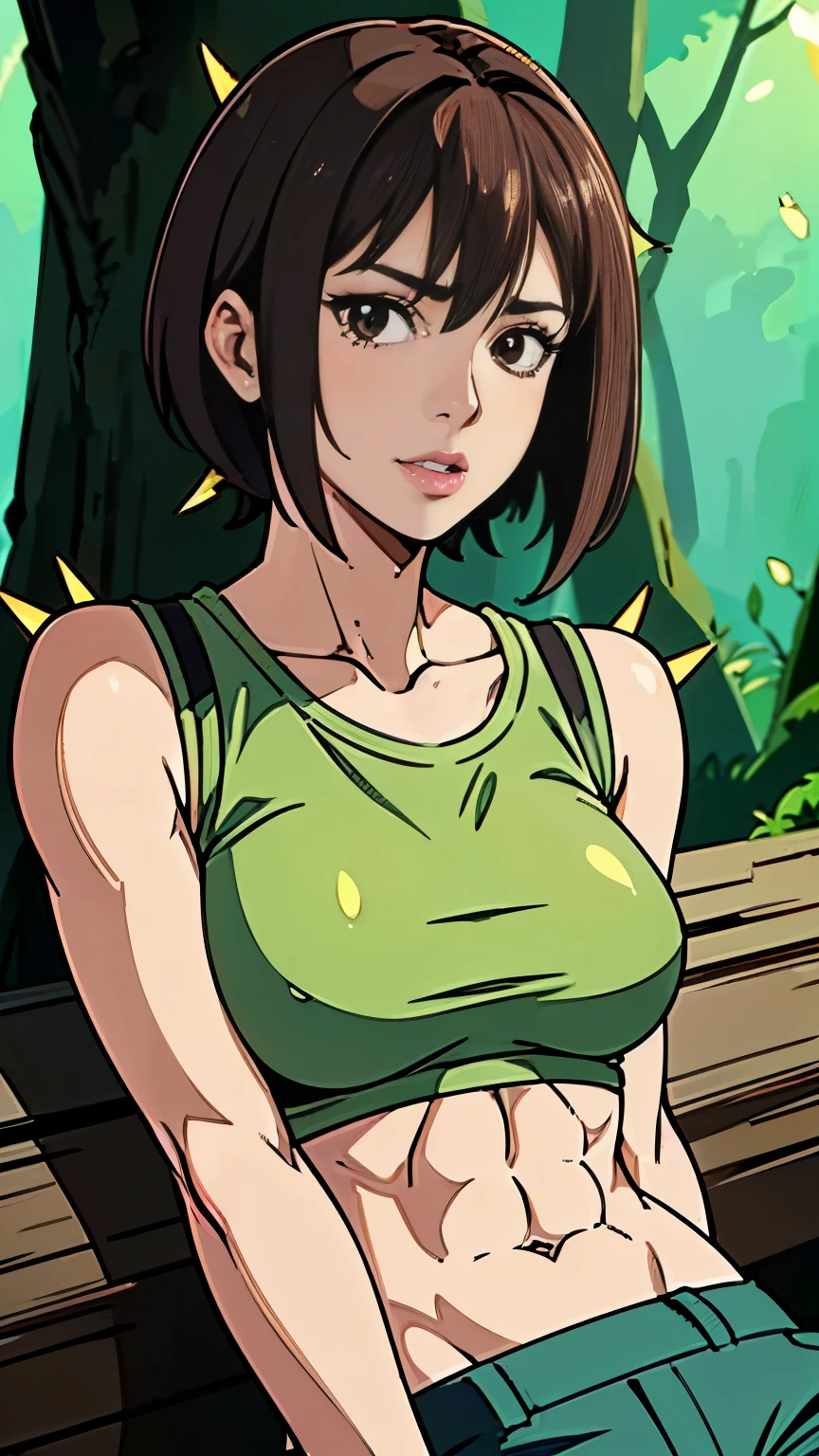 photo of mlp Meowko, RAW, beautiful woman, ((portrait)), ((detailed face:1.2)), ((anime, face, anime facial feature, clear skin, glossy lips, shiny luscious lips, clear skin), (very short spiky brown hair, light brown pixy cut, brunette: 1.55), (perfect proportioned body, Strong, muscular, narrow waist, narrow hips, skinny, large breasts), (wearing tight cropped t-shirt, cargo pants), (sitting on a log in the forest), (realistic photo, best quality, detailed), (8k wallpaper), (cinematic lighting, beautiful light, (noon:1.3)) (sharp focus, intricate)