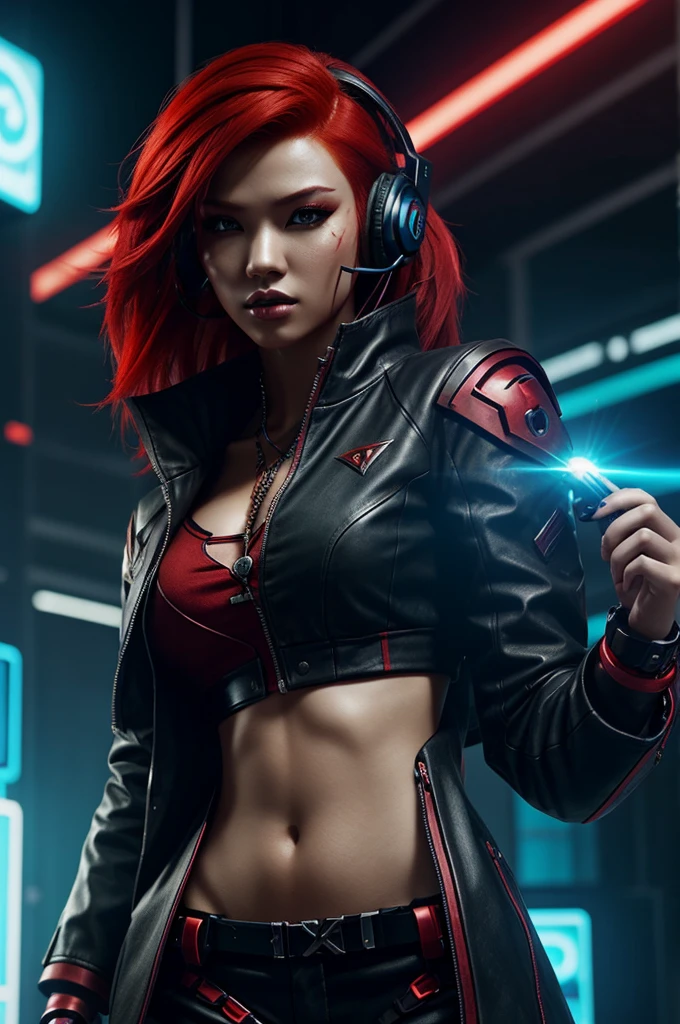 A female avatar with red hair and sharp features, wearing gaming headphones and holding a Mobile Legends phone. Cyberpunk background. A fierce, vixen-like character playing Mobile Legends, striking a pose. Dark, edgy aesthetic