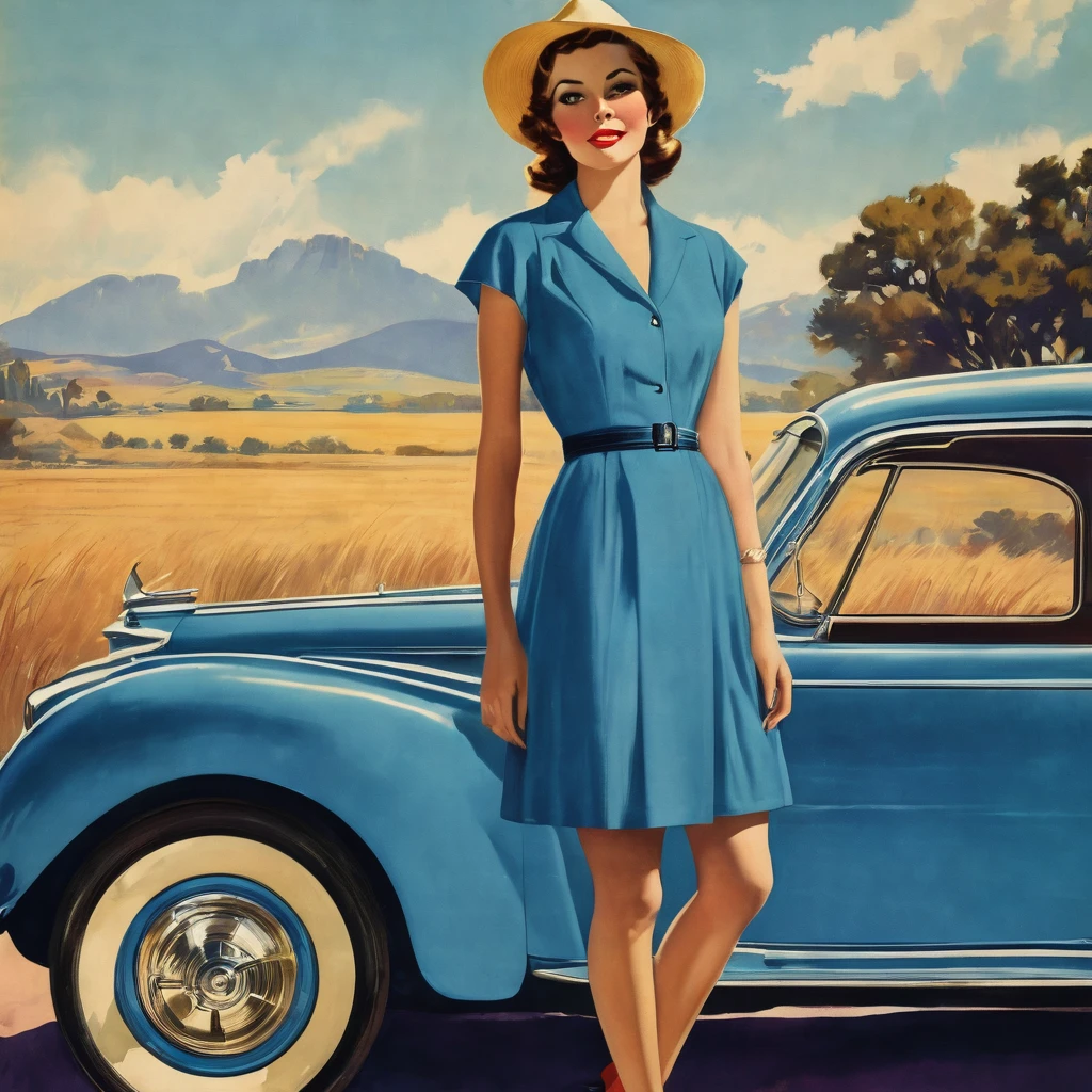 a woman in a blue dress standing next to a blue car, poster art, girl poster, poster, poster, poster poster girl, poster girl, poster girl, poster, poster girl, vintage poster, poster model, fine retro art, poster style, retro poster model, poster style poster
