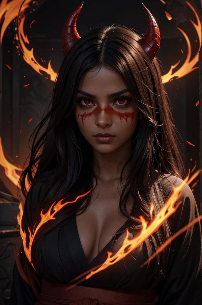 I want a BROWN woman with eyes covered in a demonic red aura, I want her to have a serious expression and extremely dark and firm eyes, and an extremely strong red demonic aura that surrounds his entire being, this woman has two horns that are embedded in red flames and will have long black hair, and wore a black kimono with blood red butterflies, appear to be at least 24 years old. captured in an ultra-realistic full HD 4K portrait, detailed texture showing its menacing shape, Immersive atmosphere, high definition shadow play, digitalpainting, nevoa no environment. I want a different monster from each other and make the image darker, obscure, creating a dark and dimly lit horror atmosphere!