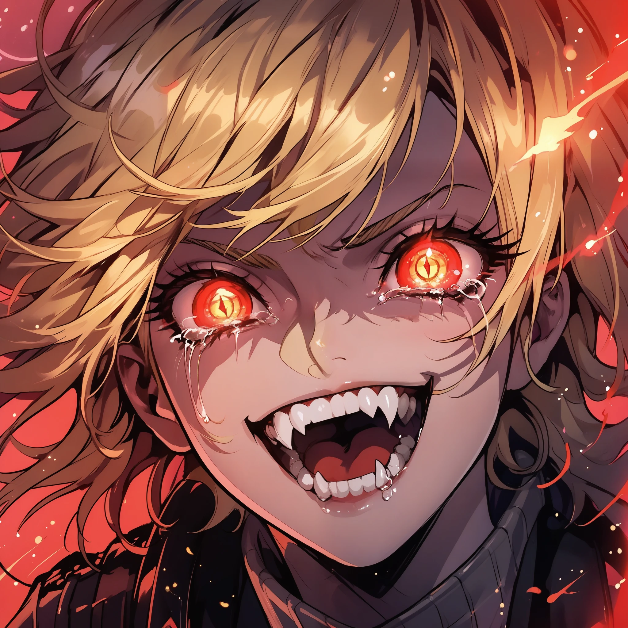 score_9, score_8_up, score_7_up, score_6_up,Madness,1girl,solo,looking at viewer,open mouth,bangs,yellow eyes,teeth,tears,eyelashes,glowing,portrait,light particles,close-up,eye focus, hellsing, seras Victoria, blonde hair, red eyes, fangs, vampire