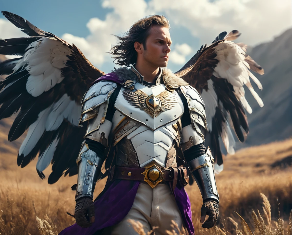 ((solo, three-quarters perspective, masterpiece, chest level shot, standing, (anthro), facing viewer, stoic expression, high resolution, 4K)), male, adult, ((hawk-face, detailed feathers, fully feathered body, extremely detailed, slender build, three-tone feathers, large feathered wings, black and brown and white feathered body)), gold eyes, high contrast, dynamic composition, grassland background, daylight, wispy clouds, ((leather satchel, white medieval shirt, short purple cape))