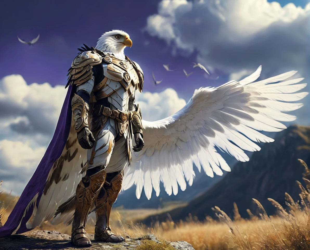 ((solo, three-quarters perspective, masterpiece, chest level shot, standing, (anthro), facing viewer, stoic expression, high resolution, 4K)), male, adult, ((hawk-face, detailed feathers, fully feathered body, extremely detailed, slender build, three-tone feathers, large feathered wings, black and brown and white feathered body)), gold eyes, high contrast, dynamic composition, grassland background, daylight, wispy clouds, ((leather satchel, white medieval shirt, short purple cape))