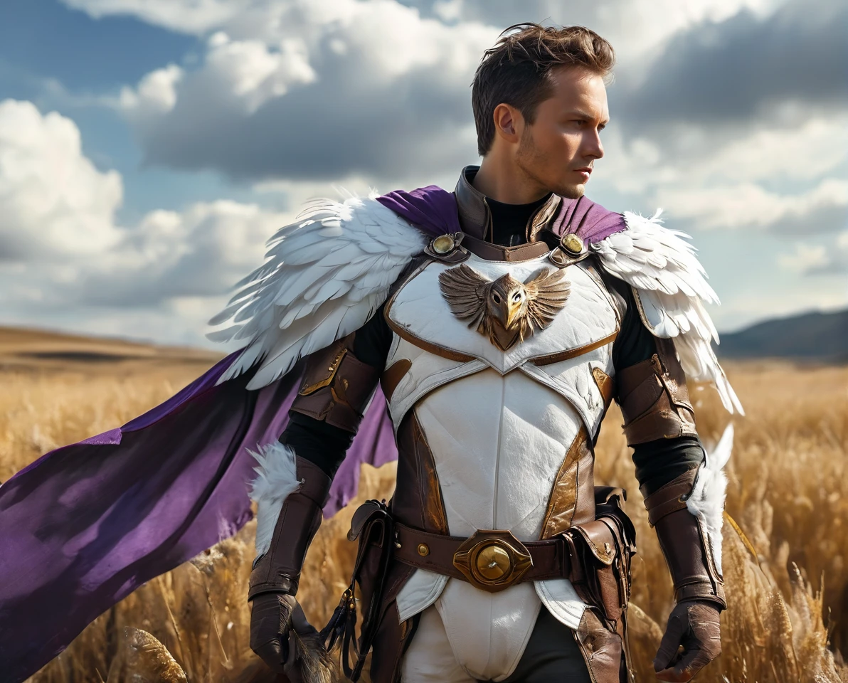 ((solo, three-quarters perspective, masterpiece, chest level shot, standing, (anthro), facing viewer, stoic expression, high resolution, 4K)), male, adult, ((hawk-face, detailed feathers, fully feathered body, extremely detailed, slender build, three-tone feathers, large feathered wings, black and brown and white feathered body)), gold eyes, high contrast, dynamic composition, grassland background, daylight, wispy clouds, ((leather satchel, white medieval shirt, short purple cape))