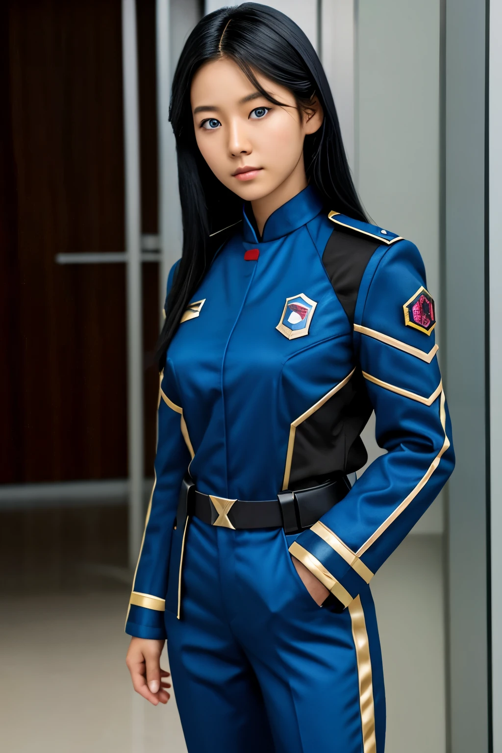 Blue eyed black haired korean american. 20 years old wearin Nove uniform. Nova. Marvel.