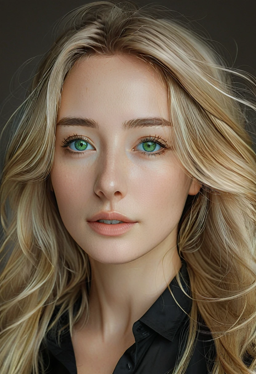 Portrait of a stunning woman, with green, slanted eyes and long, loose blonde hair, upturned nose, perfect skin with a black shirt, realistic and intricate details in the clothing and facial features, studio lighting to enhance the depth and realism of the image.