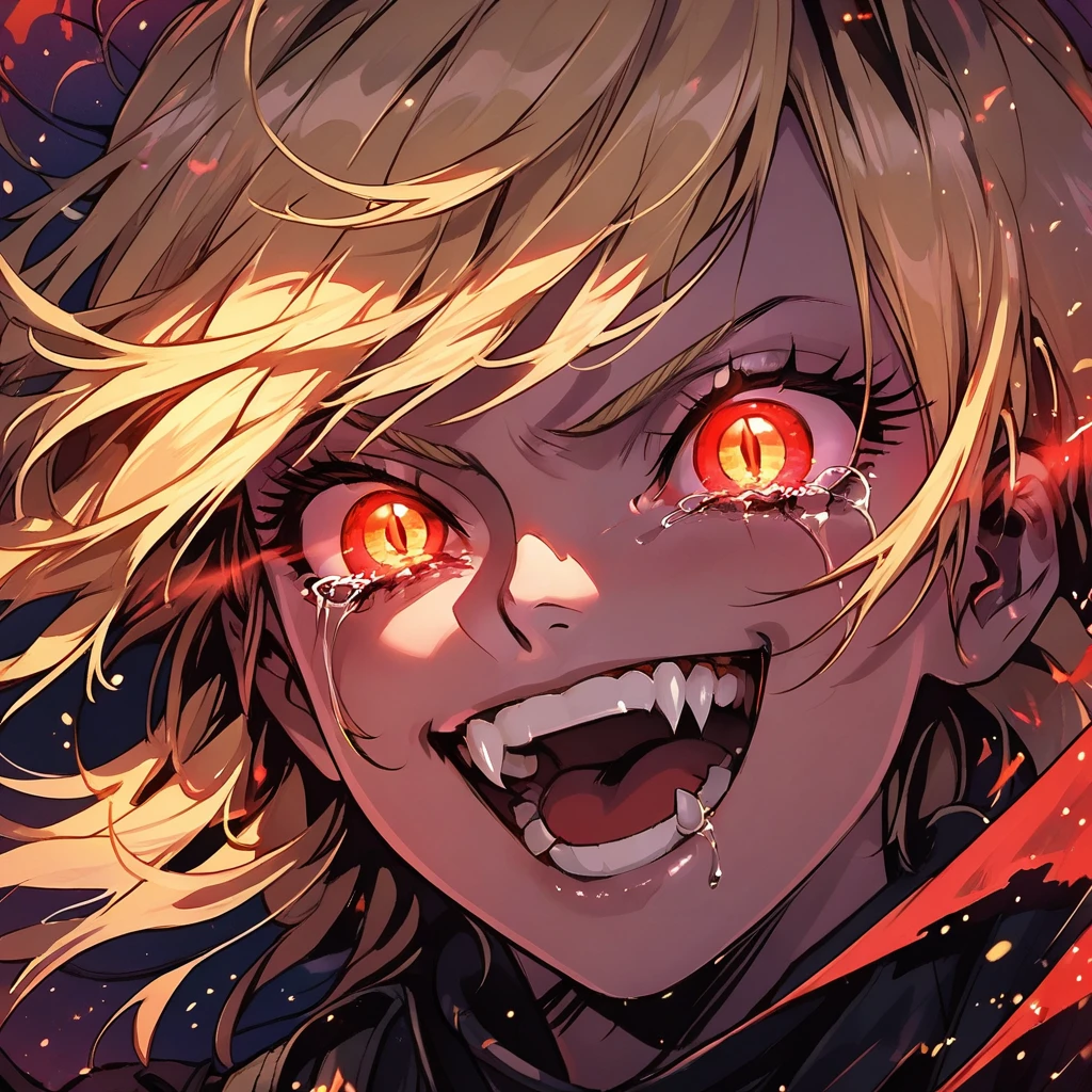 score_9, score_8_up, score_7_up, score_6_up,Madness,1girl,solo,looking at viewer,open mouth,bangs,yellow eyes,teeth,tears,eyelashes,glowing,portrait,light particles,close-up,eye focus, hellsing, seras Victoria, blonde hair, red eyes, fangs, vampire