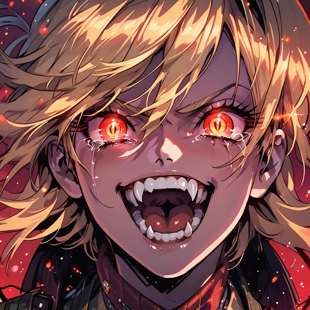 score_9, score_8_up, score_7_up, score_6_up,Madness,1girl,solo,looking at viewer,open mouth,bangs,yellow eyes,teeth,tears,eyelashes,glowing,portrait,light particles,close-up,eye focus, hellsing, seras Victoria, blonde hair, red eyes, fangs, vampire