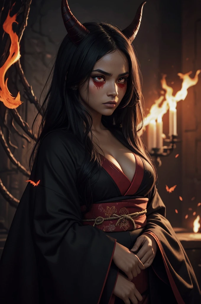 I want a BROWN woman with eyes covered in a demonic red aura, I want her to have a serious expression and extremely dark and firm eyes, and an extremely strong red demonic aura that surrounds his entire being, this woman has two horns that are embedded in red flames and will have long black hair, and wore a black kimono with blood red butterflies, appear to be at least 24 years old. captured in an ultra-realistic full HD 4K portrait, detailed texture showing its menacing shape, Immersive atmosphere, high definition shadow play, digitalpainting, nevoa no environment. I want a different monster from each other and make the image darker, obscure, creating a dark and dimly lit horror atmosphere!