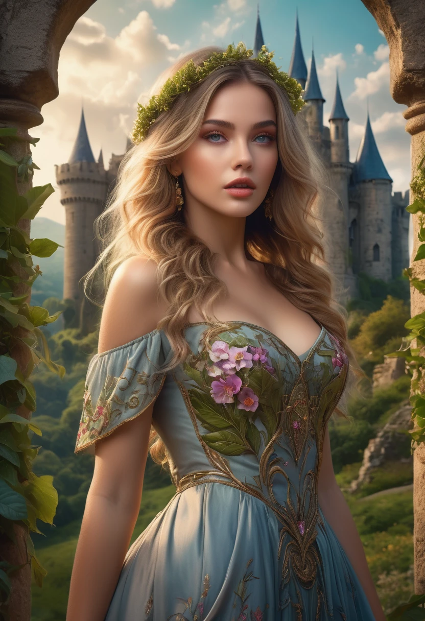 a beautiful 20 year old girl, messy dark blonde hair, fantasy landscape, portal to a magical garden background an old castle, mystical atmosphere, beautiful detailed eyes, beautiful detailed lips, extremely detailed face, long eyelashes, dress made of leaves and flowers wild, tattoo on arms and body, (((dynamic pose))), photorealistic, hyper-detailed, 4k, high resolution, masterpiece, intricate details, vivid colors, dramatic lighting, cinematic composition, concept art style, 8k.