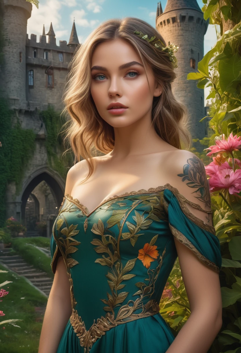 a beautiful 20 year old girl, messy dark blonde hair, fantasy landscape, portal to a magical garden background an old castle, mystical atmosphere, beautiful detailed eyes, beautiful detailed lips, extremely detailed face, long eyelashes, dress made of leaves and flowers wild, tattoo on arms and body, (((dynamic pose))), photorealistic, hyper-detailed, 4k, high resolution, masterpiece, intricate details, vivid colors, dramatic lighting, cinematic composition, concept art style, 8k.
