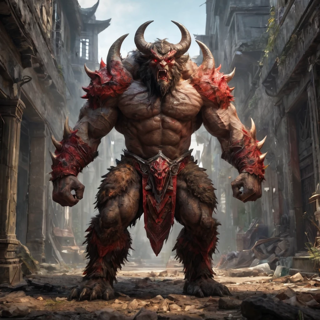 Two-headed bull monster-like giant beast warrior,double big ax,spike step,huge d&d size monster,distinct,majestic,huge ass,ferocious,terrifying,Beastars,mythical,distinct arms,outgoing muscles,intense expression,eerily glowing red eyes,fancy,Biology,battle stance,Body armor,muscular, a menacing presence,overwhelming power,destructive force,ancestor,fabled,clairvoyant,fabled,roar with anger,giant horns,indomitable,lasting,Stop,fabled protector,divine power,unrest,liberated,elasticity,majestic,brute force,bloodthirsty,tremendous power,tremendous power,peerless, larger than life (best quality,4K,8k,high resolution,Art:1.2),ultra detail,(realistic,photorealistic,photo-realistic:1.37), HDR,Ultra HD,studio lighting,Ultra-fine painting,sharp focus,Physically Based Rendering,Extremely detailed description,professional,brightly colored,bokeh,concept artist.
