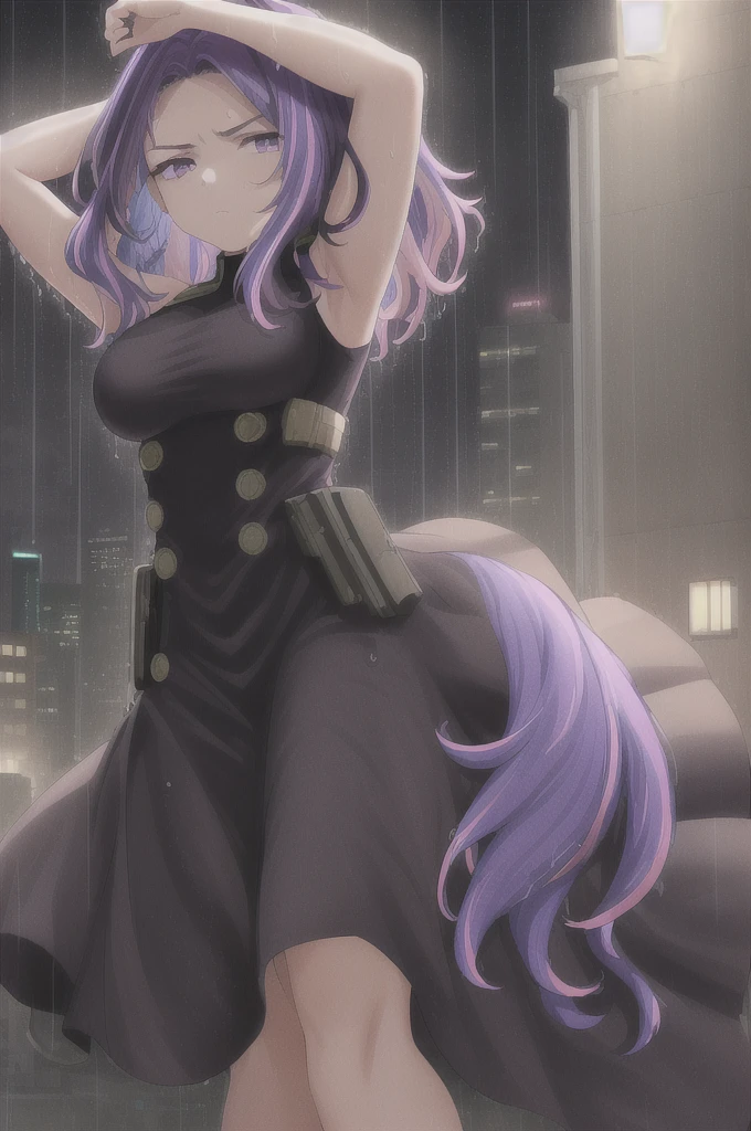 scan, (extremely detailed CG unity 8k wallpaper:1.1), masterpiece, highres, (1girl), dark, raining, water drops, ambient light, city, night, lady nagant, boku no hero academia, (purple hair), (multicolored hair), (purple eyes), black dress, sleeveless, breasts, arms above head, frown, (looking at viewer)